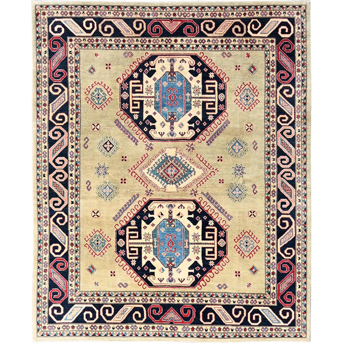 8'X9'7" Pastel Green Afghan Special Kazak Hand Knotted Pure Wool Rug