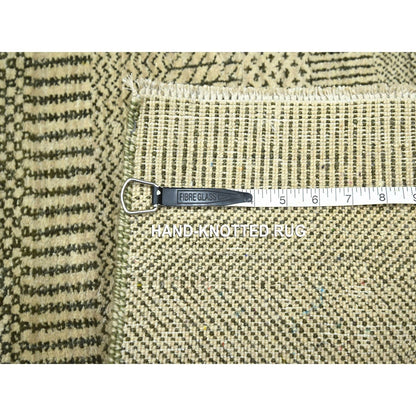 2'X3' Beige Modern Grass Design Hand Knotted Wool And Silk Mat Sample Rug