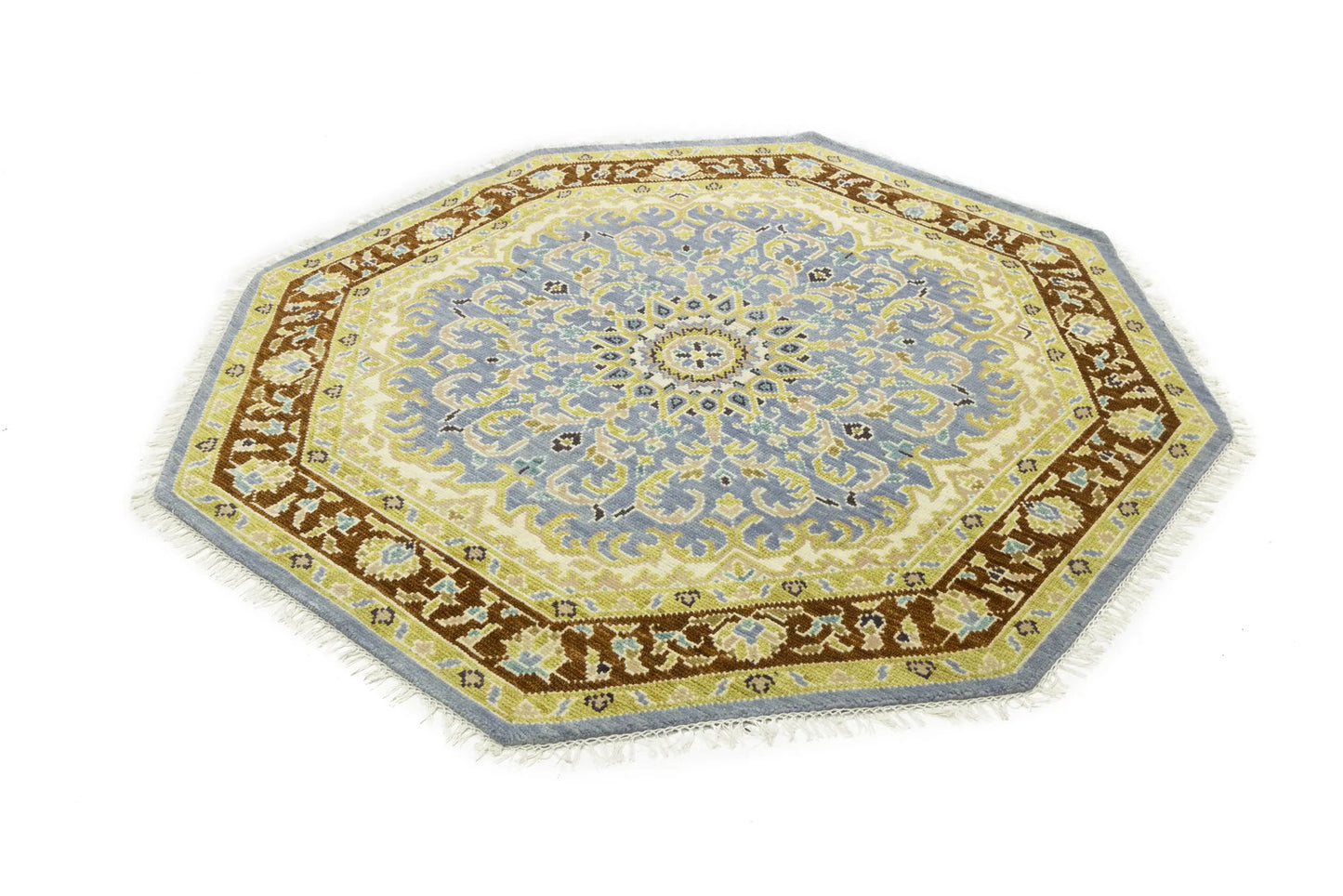 Handmade Oushak Blue Wool Octagon Floral Design 6X6 ft Oriental Home Carpet