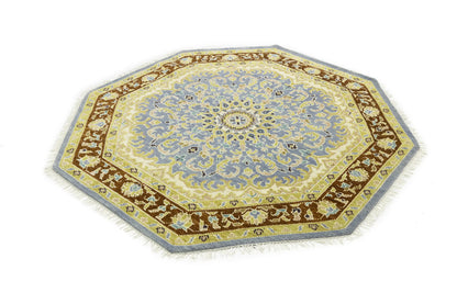 Handmade Oushak Blue Wool Octagon Floral Design 6X6 ft Oriental Home Carpet