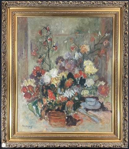 Joseph Raumann (Hungary) Oil Painting "Flowers And Blue Teacup" Still Life 15F