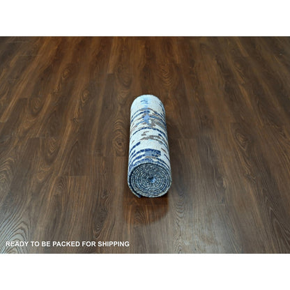 2'6"X12' Yale Blue Mosaic Design Hand Knotted Wool And Silk Runner Rug