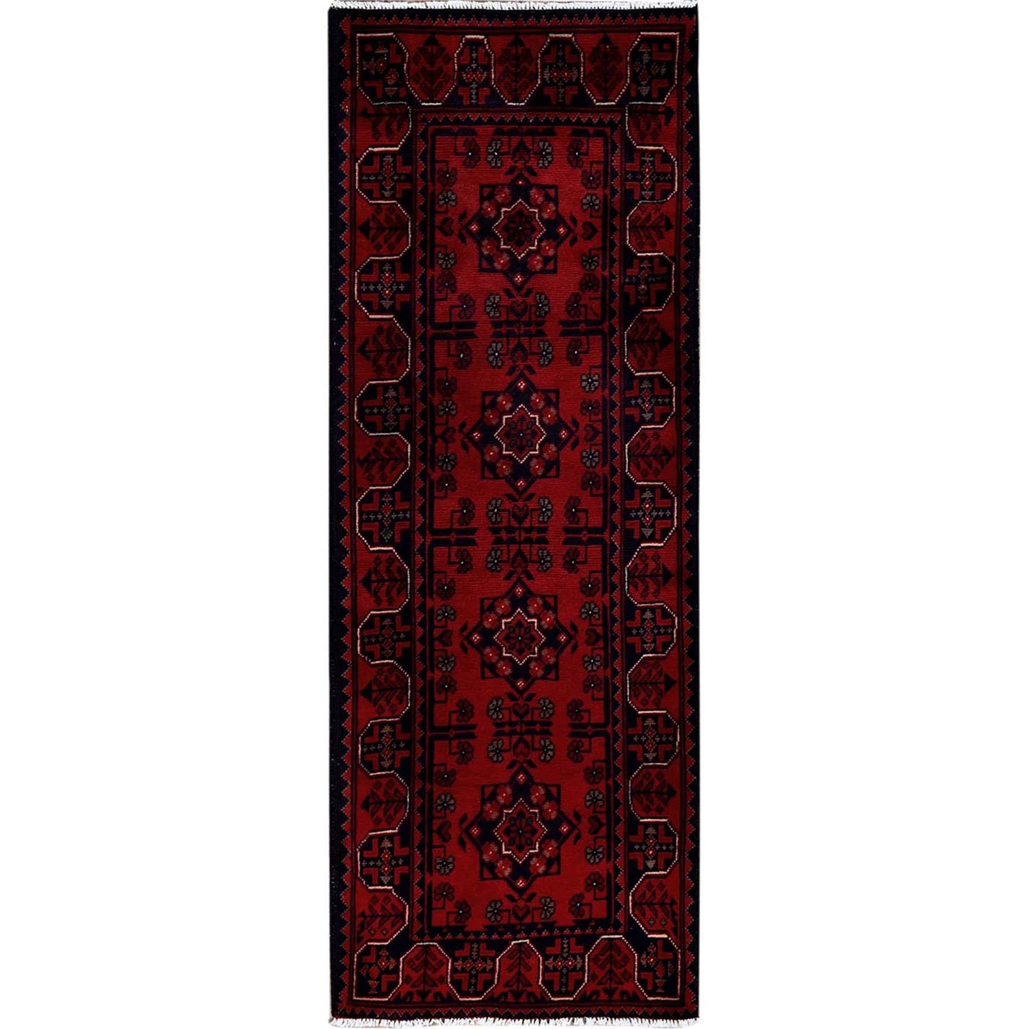 1'9"X4'9" Red Afghan Khamyab Tribal Design Hand Knotted Wool Runner Rug