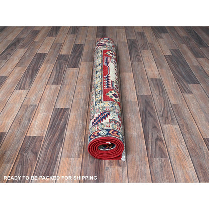 3'9"X5'3" Red Kazak With Geometric Medallions Design Hand Knotted Wool Rug