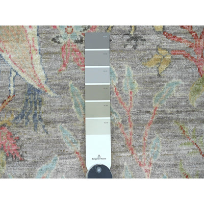 5'X6'9" Mink Gray Hand Knotted Afghan Peshawar Birds Design Soft Wool Rug