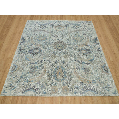 8'X8' Delicate White Sickle Leaf Hand Knotted Silk And Wool Square Rug