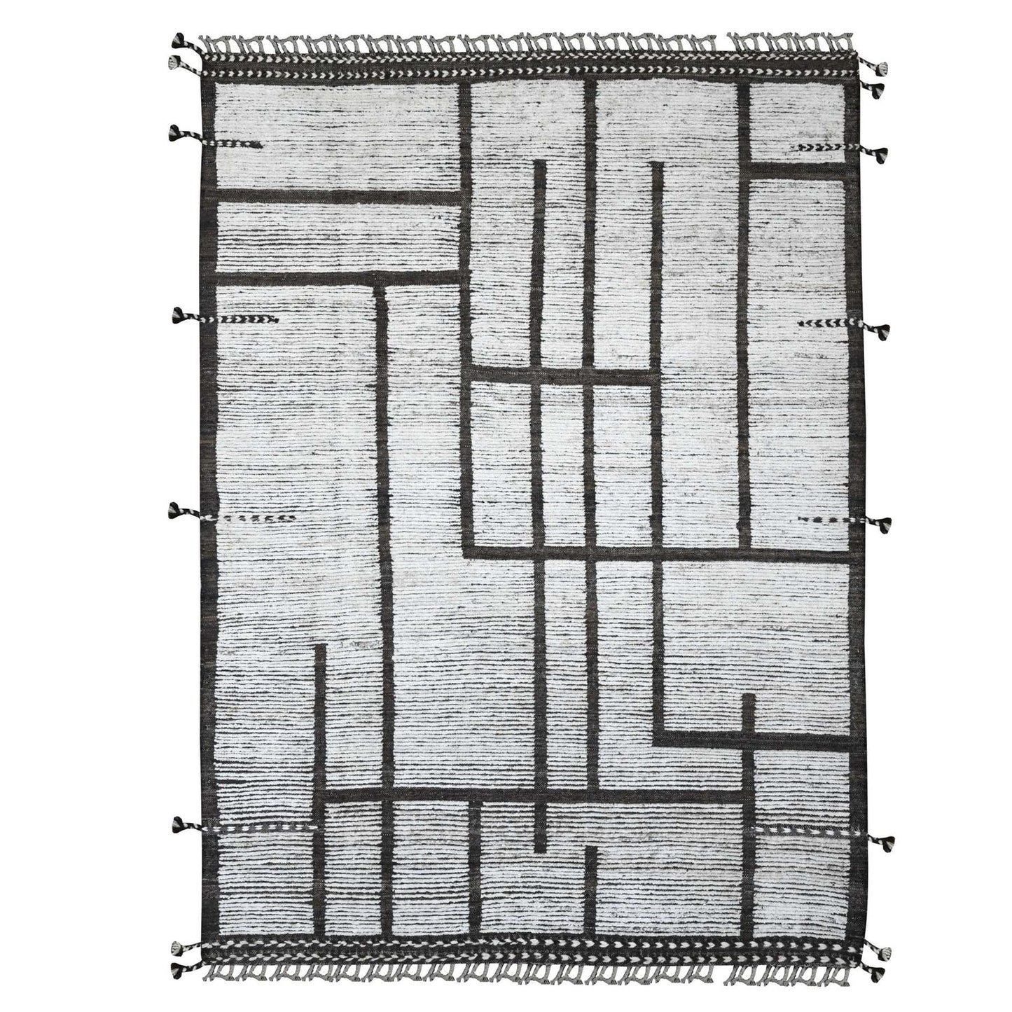 6'6"x9' White Moroccan Weave Geometric Pattern Soft Wool Hand Knotted Rug
