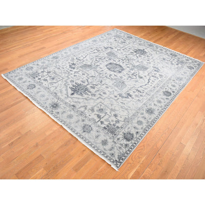 9'X12' Ash Grey Heriz Design Wool And Silk Hand Knotted Oriental Rug