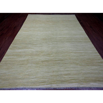 8'8"X12' Green Solid Design Hand Woven Hand Spun Wool Flat Weave Rug
