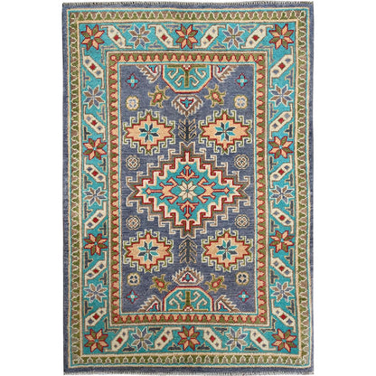 2'8"X4' Purple Kazak Geometric Design Hand Knotted Soft Wool Sample Rug