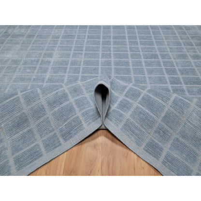 8'2"X9'10" Stone Blue Modern Erased Box Design Hand Loomed Pure Wool Rug