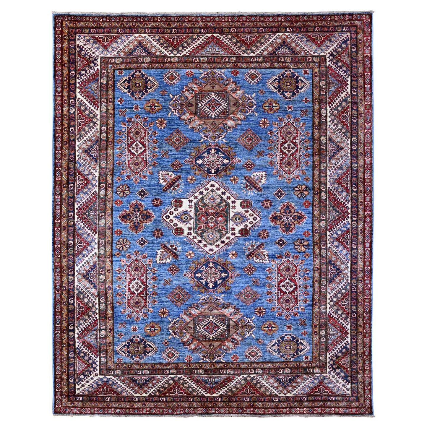 7'10"x10' Busty Blue Hand Knotted Wool Super Kazak Large Medallions Rug