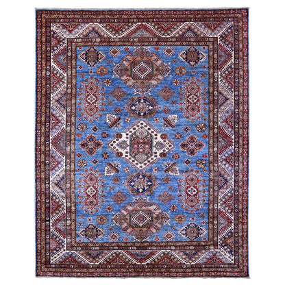 7'10"x10' Busty Blue Hand Knotted Wool Super Kazak Large Medallions Rug