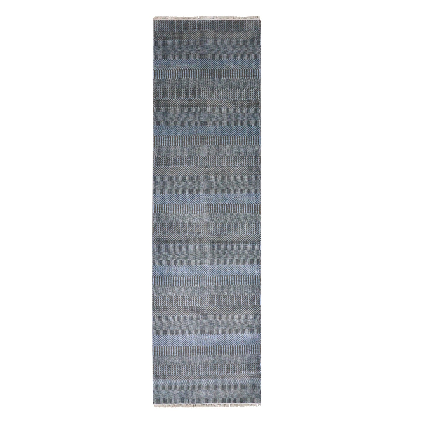 2'7"X9'6" Blue Hand Knotted Grass Design Dyed Wool And Silk Runner Rug