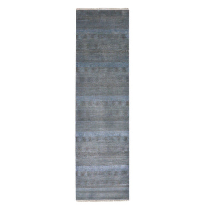 2'7"X9'6" Blue Hand Knotted Grass Design Dyed Wool And Silk Runner Rug