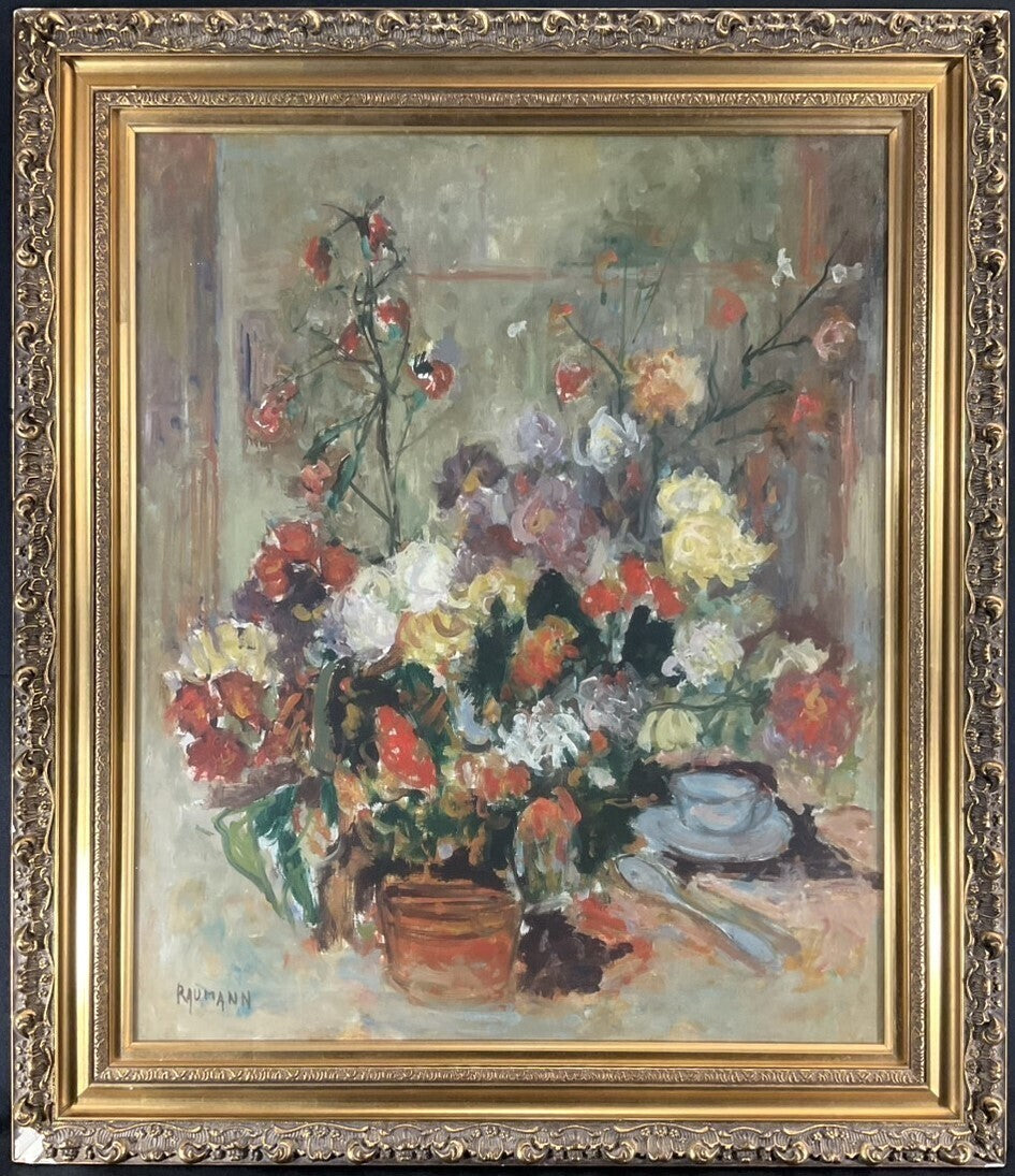 15F Joseph Raumann (Hungary) Oil Painting "Flowers and Blue Teacup" Still Life