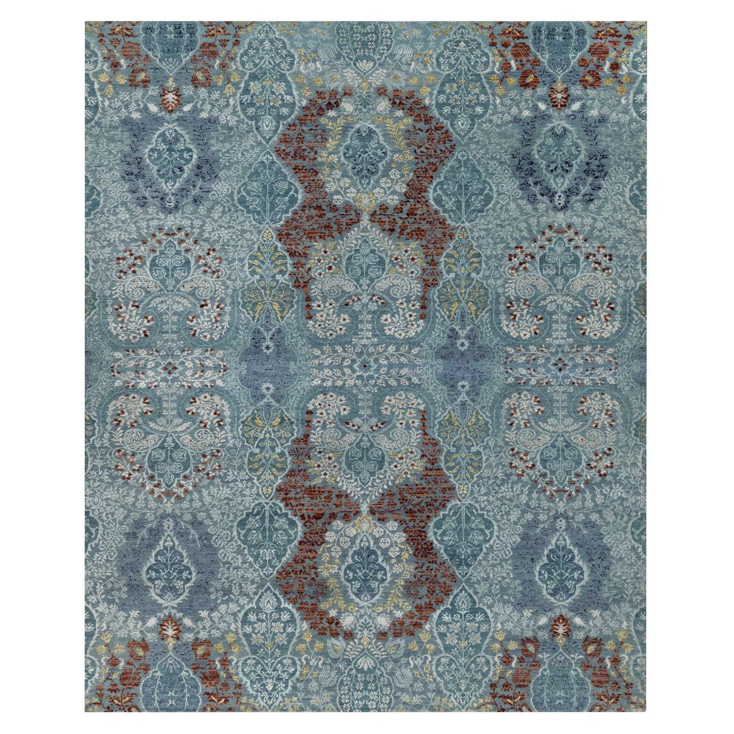 8'1"X10'1" Cerulean Blue Jewelry Design Wool And Silk Hand Knotted Rug