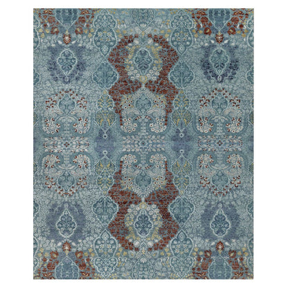 8'1"X10'1" Cerulean Blue Jewelry Design Wool And Silk Hand Knotted Rug