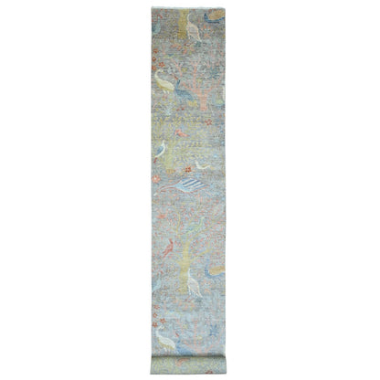 2'7"X22' Gray Afghan Peshawar Birds Design Hand Knotted Wool Runner Rug