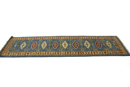 3X10 Ft Handmade Kazak Runner Rug Blue Geometric