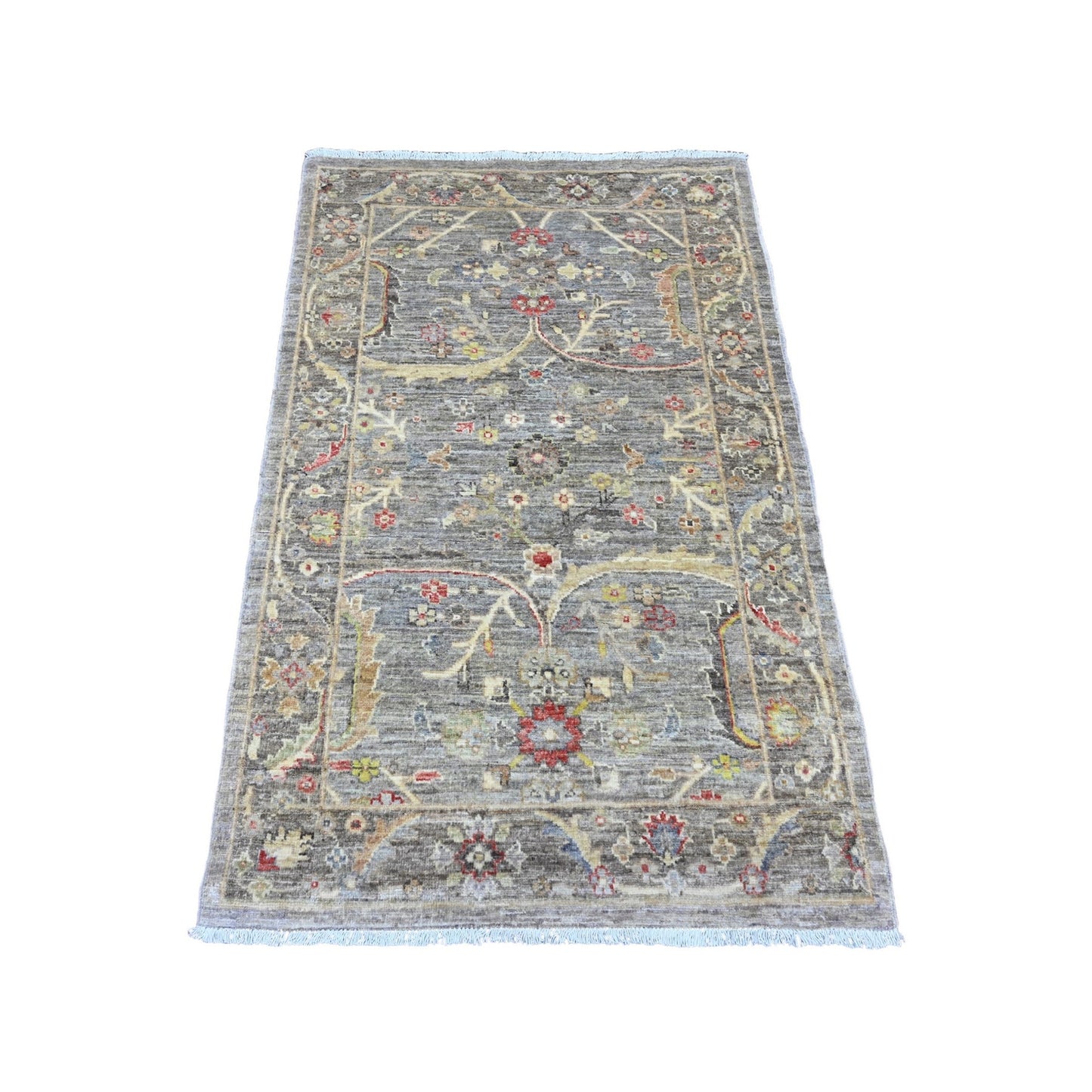 3'1"X4'9" Gray Afghan Peshawar Heris Design Hand Knotted Pure Wool Rug