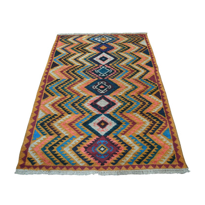 3'9"X6'3" Geometric Design Hand Made Wool Colorful Afghan Village Rug
