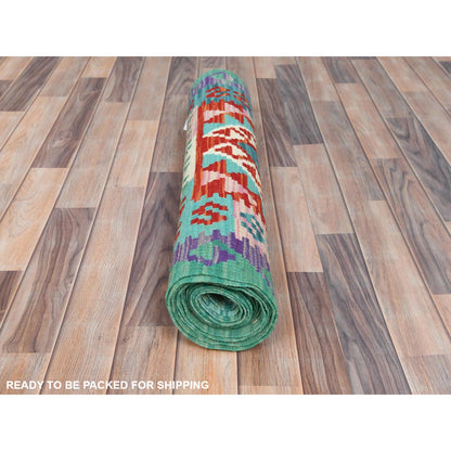 2'8"X15'5" Colorful Afghan Kilim Geometric Hand Woven Pure Wool Runner