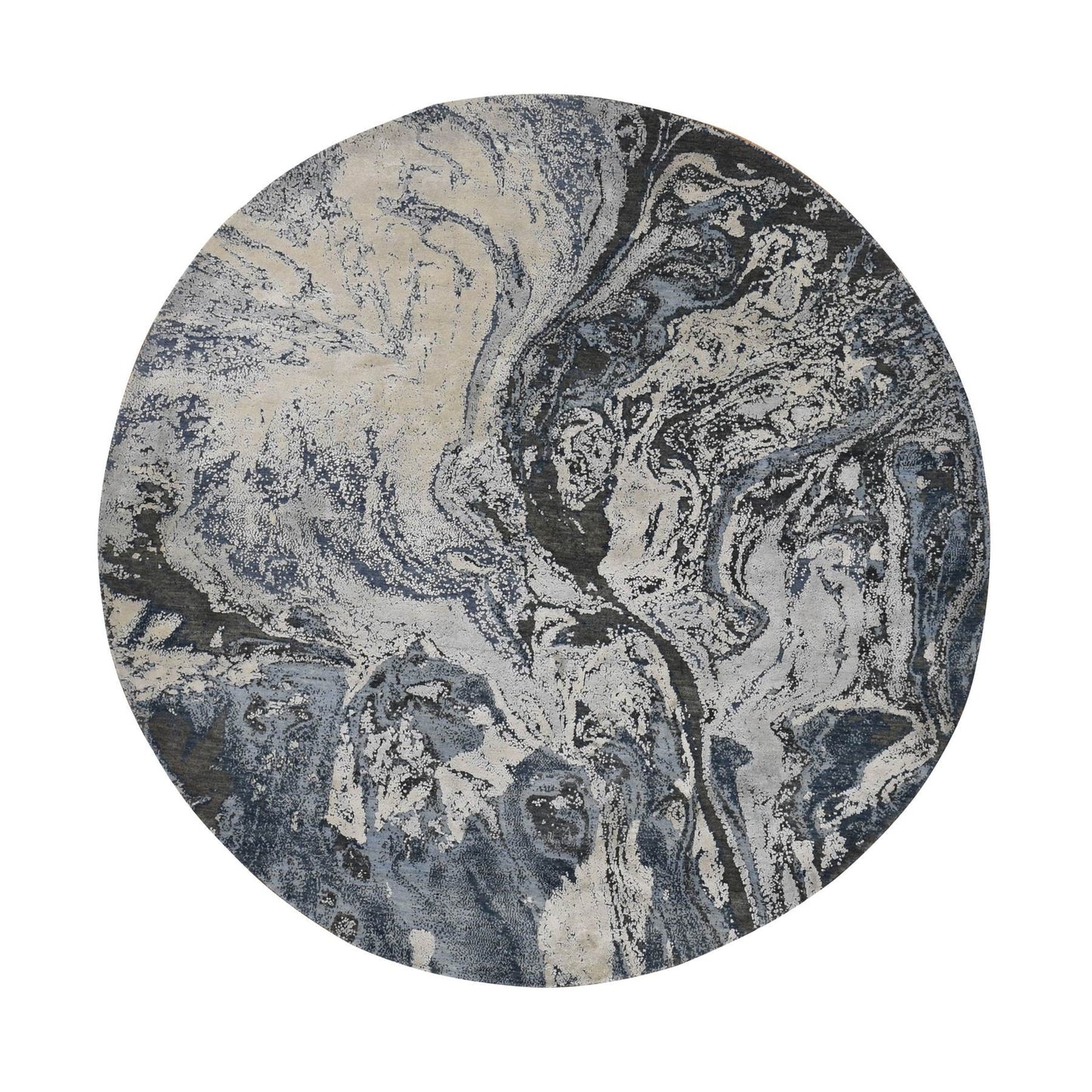 8'1"X8'1" Blue Galaxy Design Wool And Silk Hand Knotted Round Rug