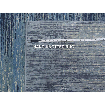 4'1"X12'2"Blue Ivory Hand Knotted Wool Horizontal Ombre Design Runner Rug