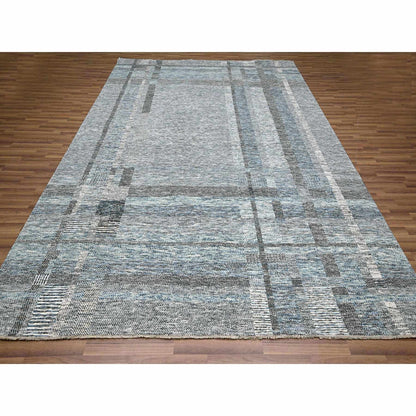 9'X12'1" Barely Blue Modern Geometric Plaid Design Wool Hand Knotted Rug