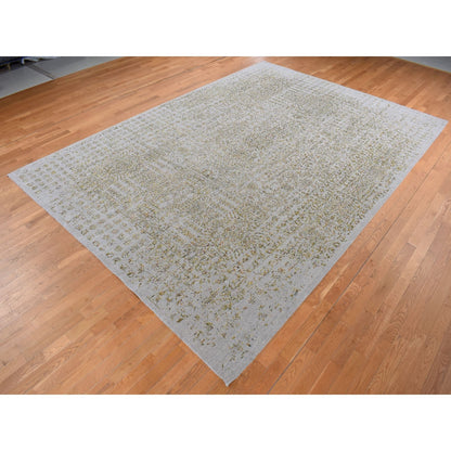 9'10"X14' Silk Gray Broken Mamluk Design Hand Loomed Wool And Silk Rug