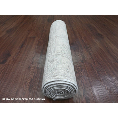 2'7"X11'7" White Hand Knotted Angora Oushak Leaf Design Wool Runner Rug