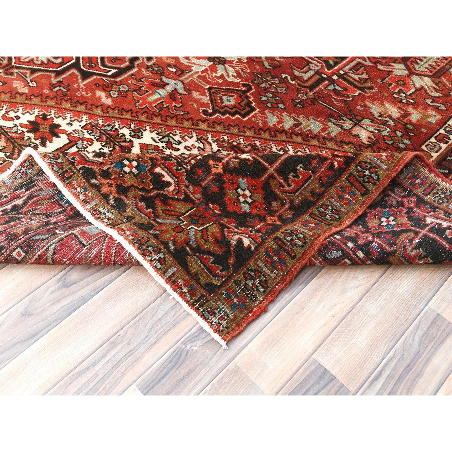 9'9"X12'4" Tomato Red Vintage Zoroastrian Heris Worn Wool Hand Knotted