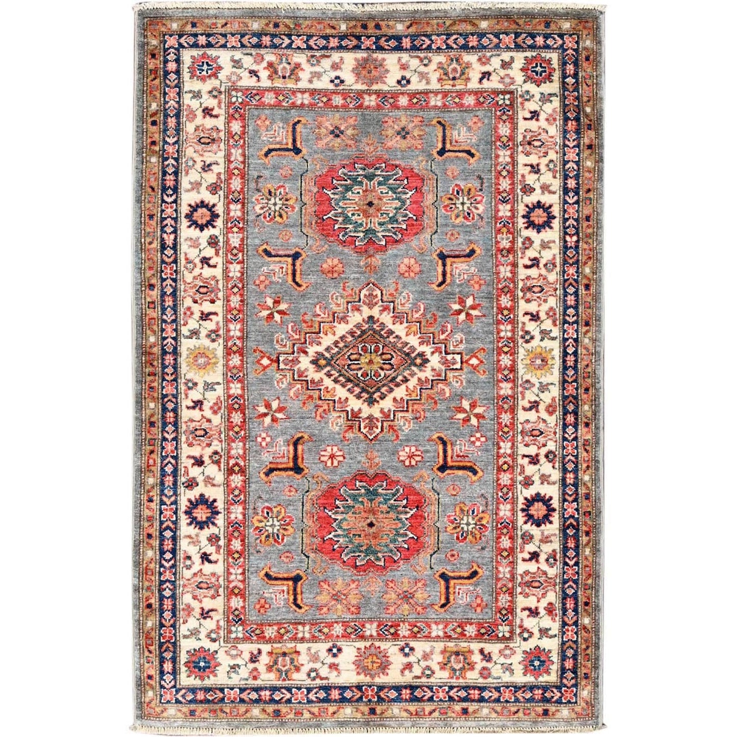 3'4"X5'1" Side Walk Grey Special Kazak Triple Medallion Oriental Rug