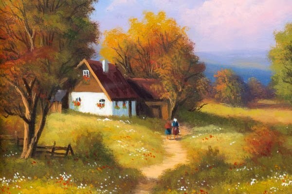 Peter Paul Oil Painting Country Path Landscape Cottage Signed F2 W/ Frame