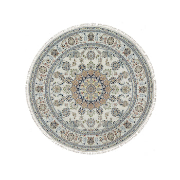 6'X6' Ivory Hand Knotted Nain With Flower Design Wool And Silk Round Rug