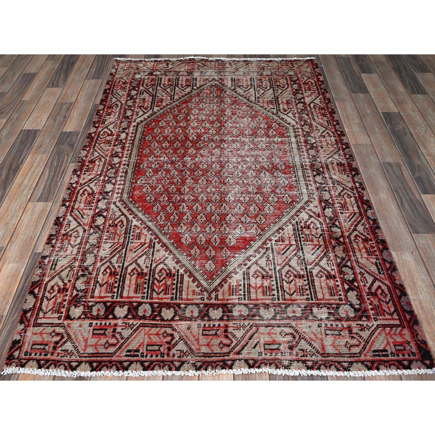3'10"X6'1" Red Vintage Zoroastian Saroogh Mir Hand Knotted Pure Wool Rug