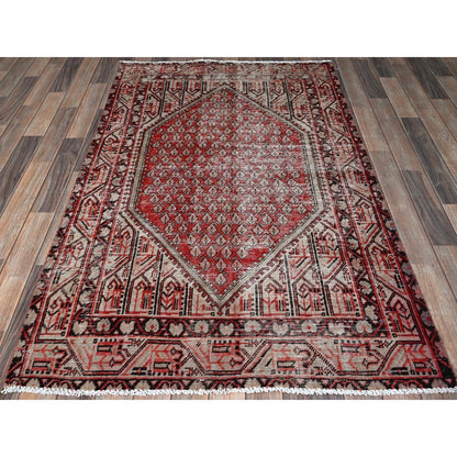 3'10"X6'1" Red Vintage Zoroastian Saroogh Mir Hand Knotted Pure Wool Rug