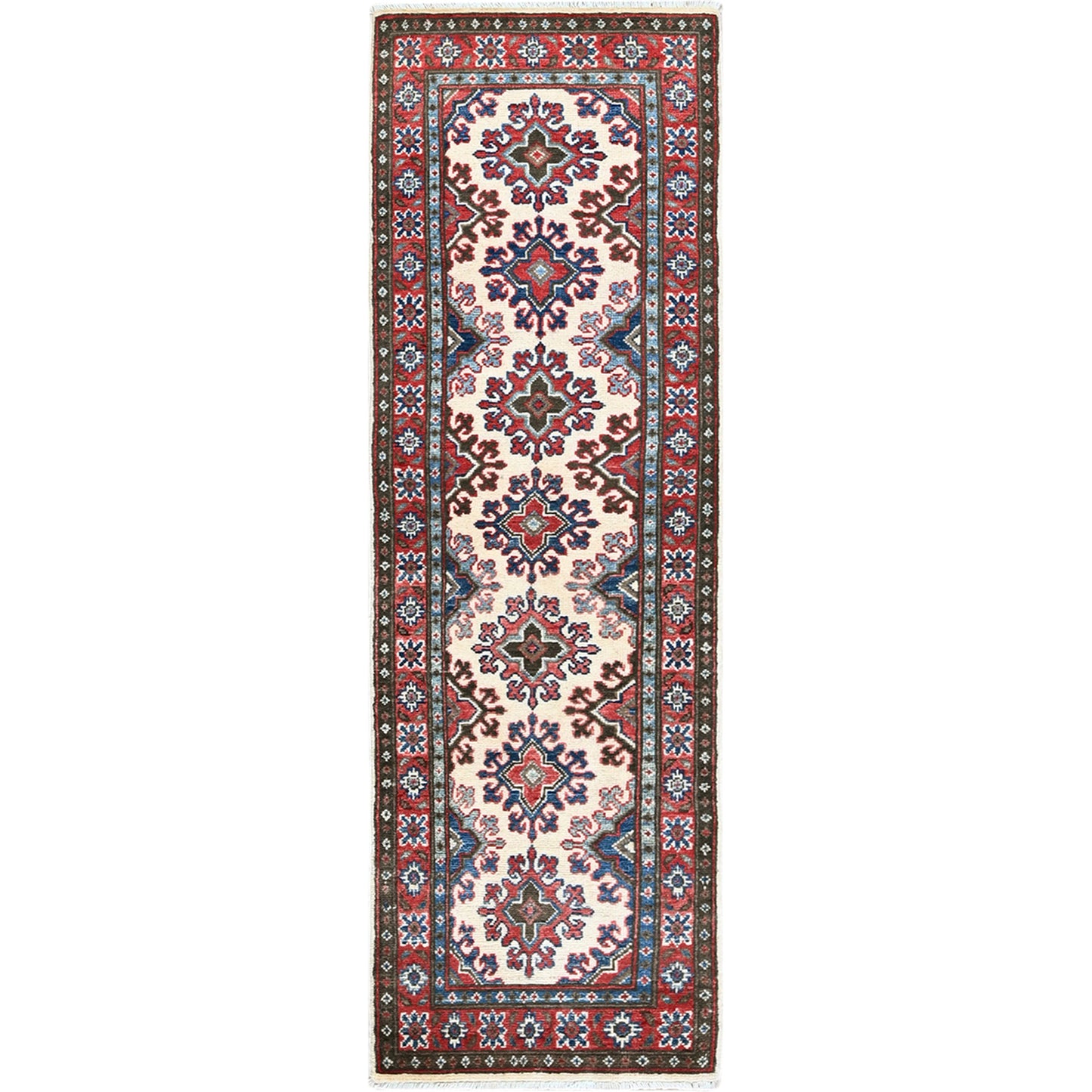1'10"X6' Ivory Kazak With Tribal Design Hand Knotted Soft Wool Runner Rug