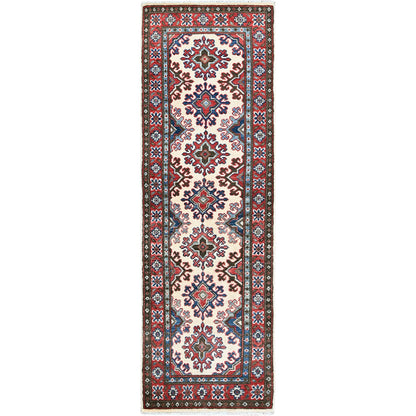 1'10"X6' Ivory Kazak With Tribal Design Hand Knotted Soft Wool Runner Rug