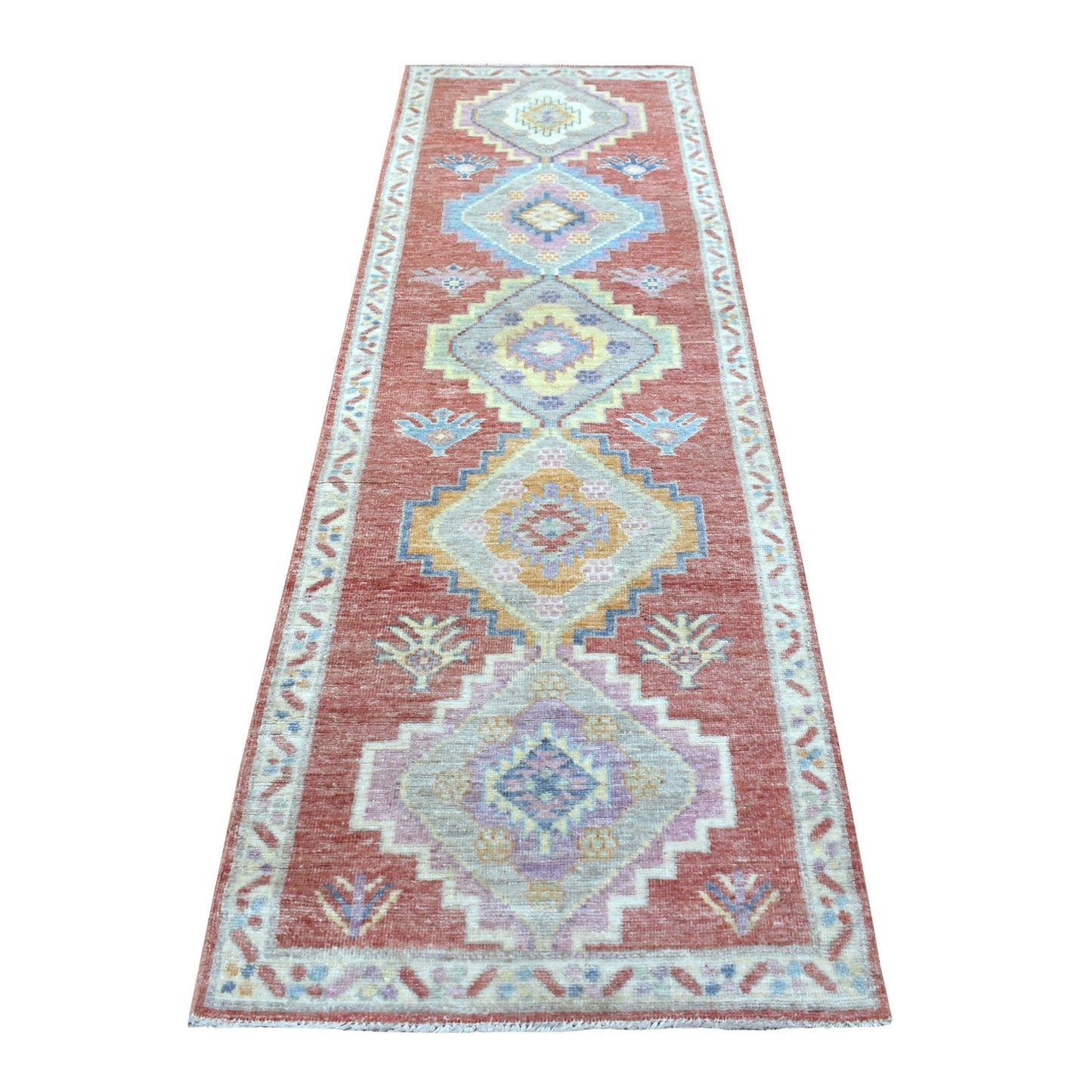 2'10"X9'6" Coral Red Afghan Angora Oushak Wool Hand Knotted Runner Rug