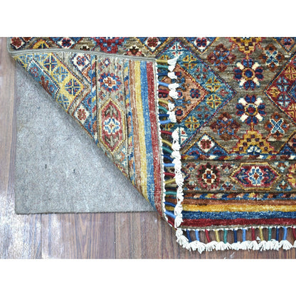 3'5"X4'10" Hand Knotted Pure Wool Colorful Super Kazak Khorjin Rug