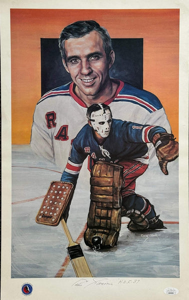 Eddie Giacomin Rangers Autographed 12X20 Legends Of Hockey Lithograph (Jsa)