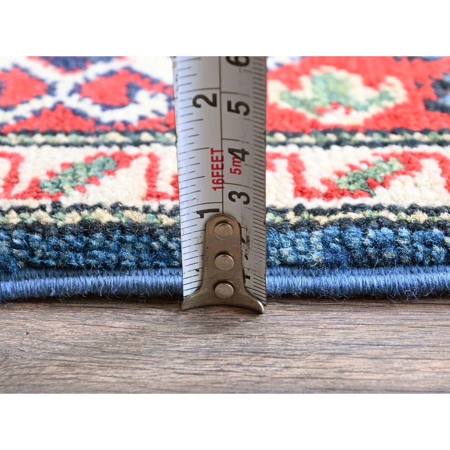 4'1"X6' Blue Kazak With Geometric Design Hand Knotted All Wool Oriental Rug