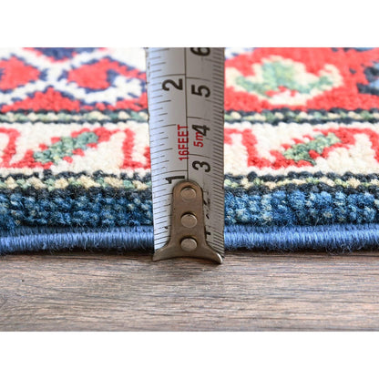 4'1"X6' Blue Kazak With Geometric Design Hand Knotted All Wool Oriental Rug