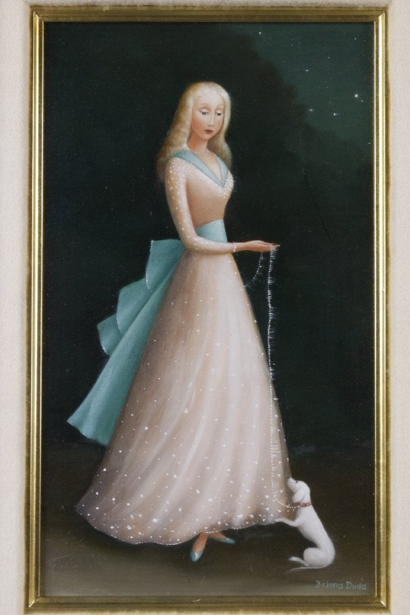 Original Oil Painting Starry Sky Polish Girl Cat Framed Bozena Duda