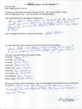 Jo-Jo Moore Autographed Hand Filled Out Survey Page (Jsa)