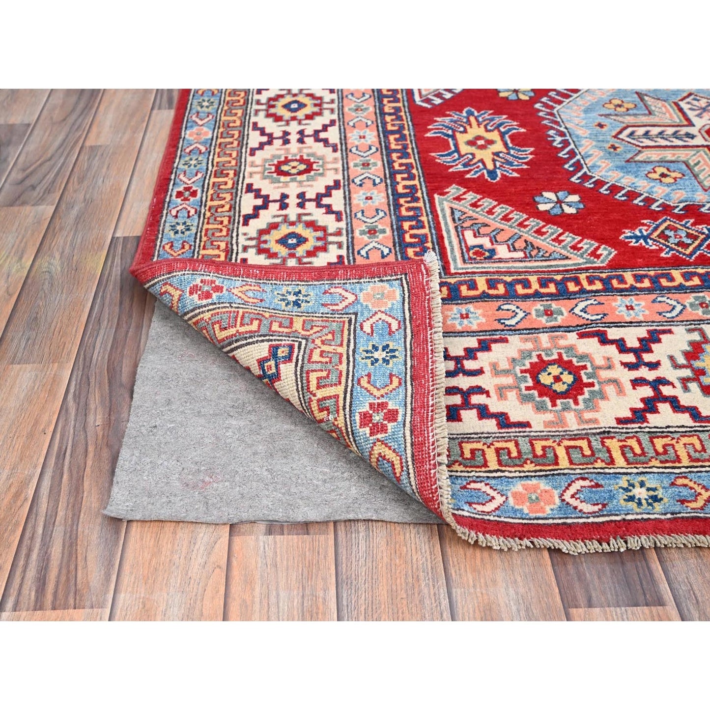 6'X8'9" Toreador Red Hand Knotted Wool Kazak Large Elements Oriental Rug