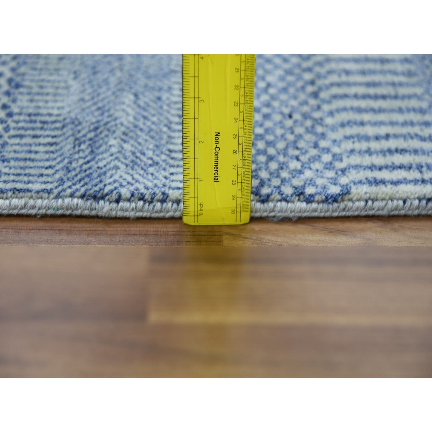 2'6"X9'10" Blue Hand Knotted Modern Grass Design Wool And Silk Runner Rug