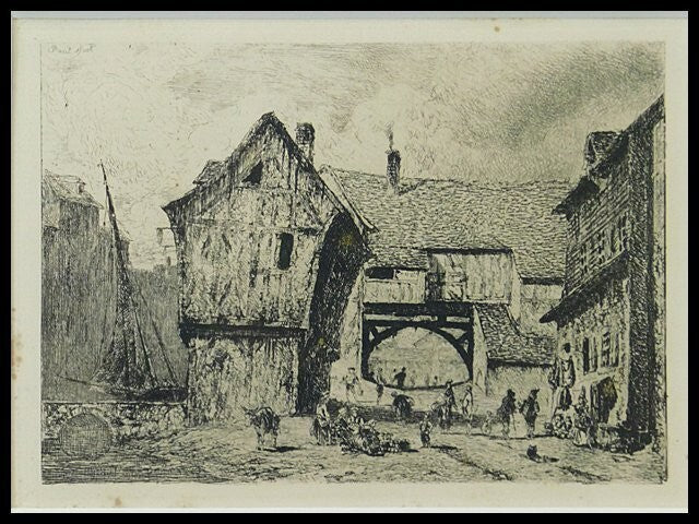 Paul Huet "Old Houses At Honfleur Port" Original Etching Framed With Box 1866
